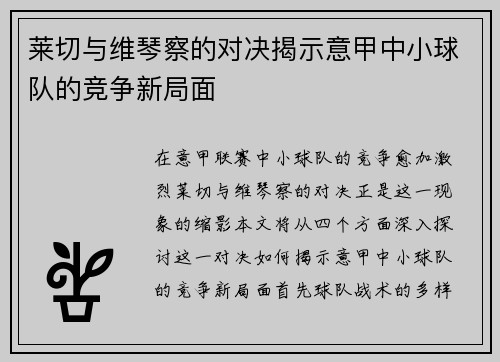 莱切与维琴察的对决揭示意甲中小球队的竞争新局面